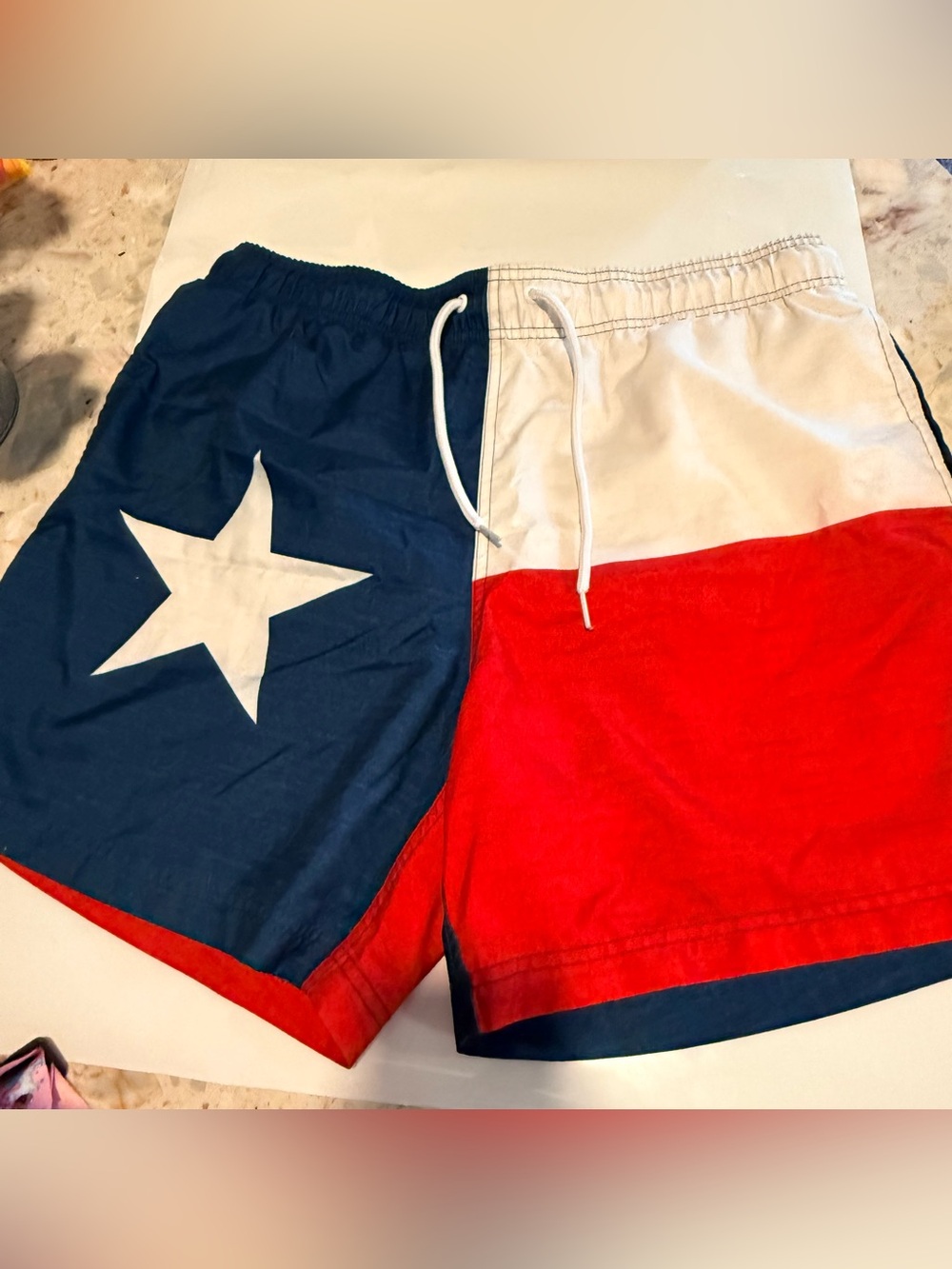 George Men's Swim Trunks L Blue Red White Texas Flag Elastic Waist Drawstring